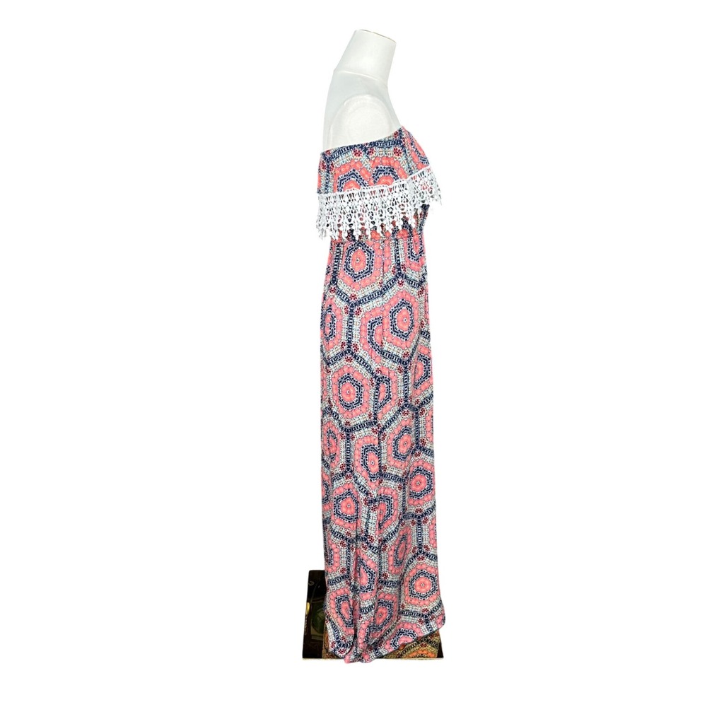 Trixxi Strapless Maxi Dress Geometric Medallion Crochet Lace Smocked Waist - Picture 4 of 7